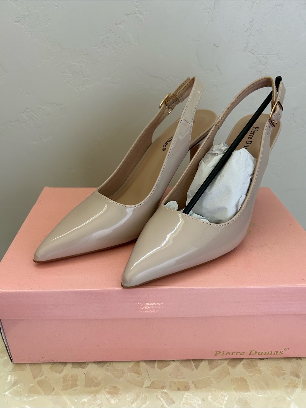 Pierre Dumas Blush Patent Pointed-Toe Slingback Heels